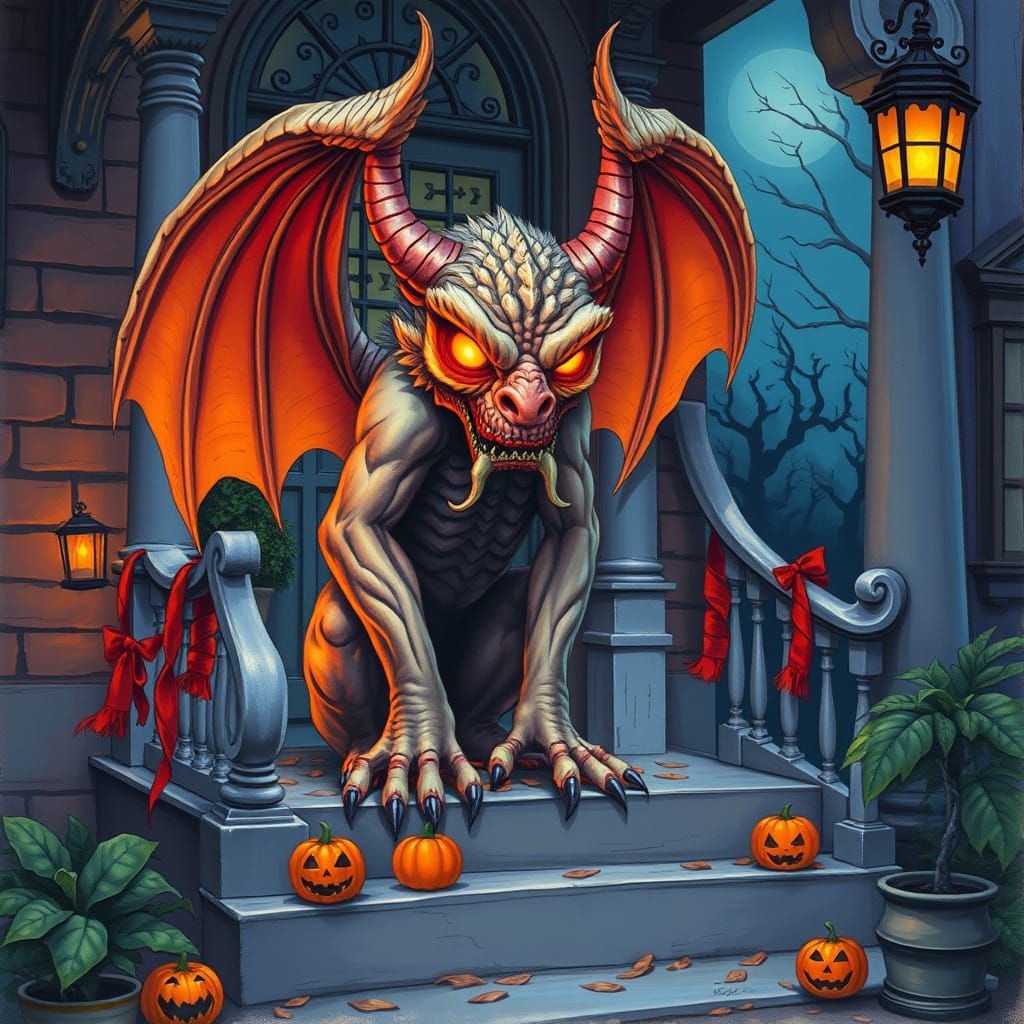 Psychedelic Gargoyle's Halloween Stoop in Gouache Style