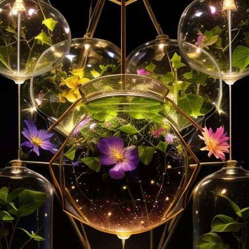 Luminous Terrarium with Colorful Flowers and Fireflies