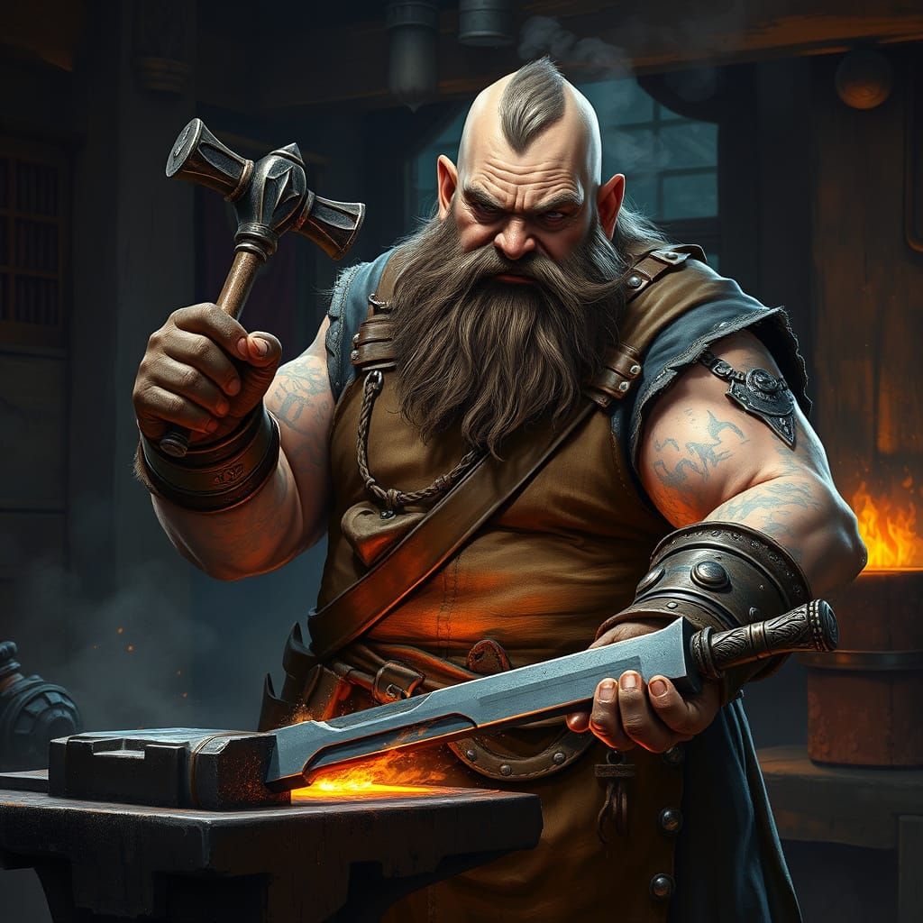 Dwarven Blacksmith Forging Sword in Hyperrealistic Style