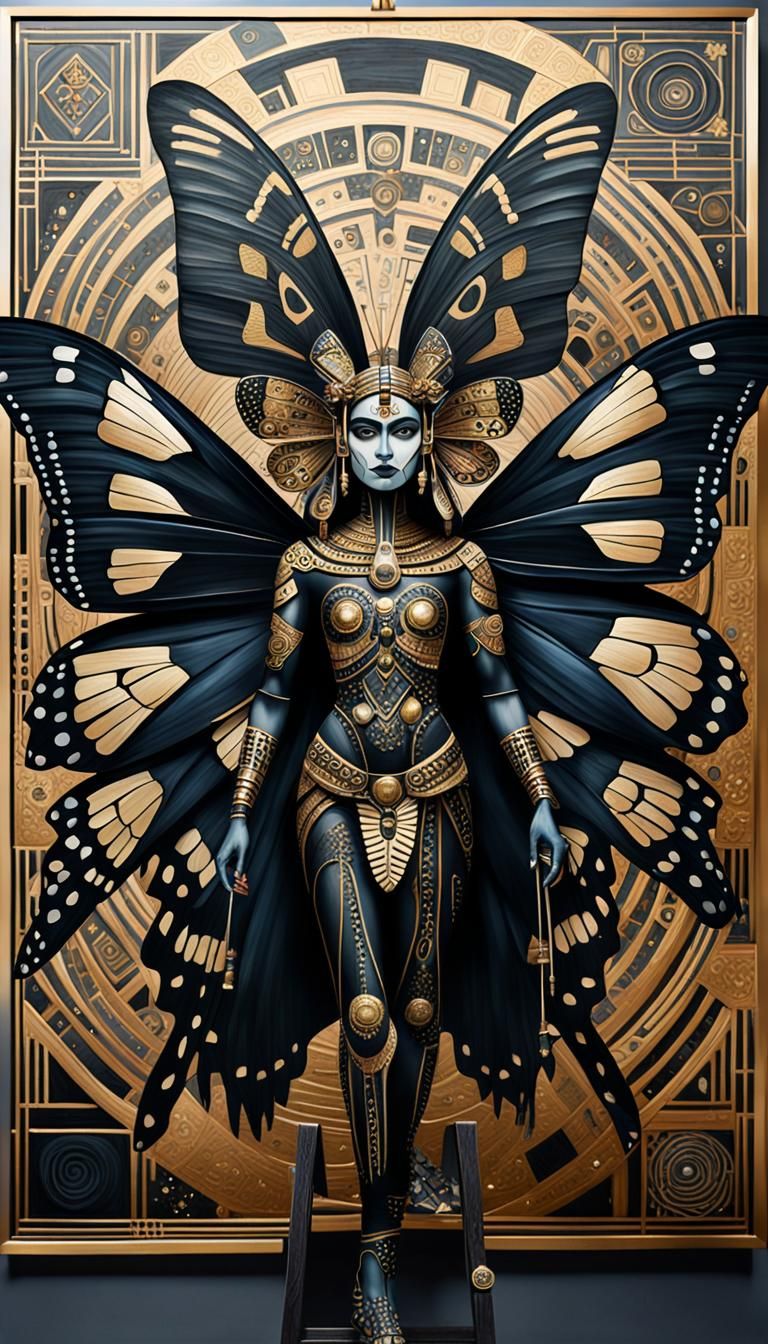 Obsidian Butterfly Goddess in Aztec Regalia, Cubist Style