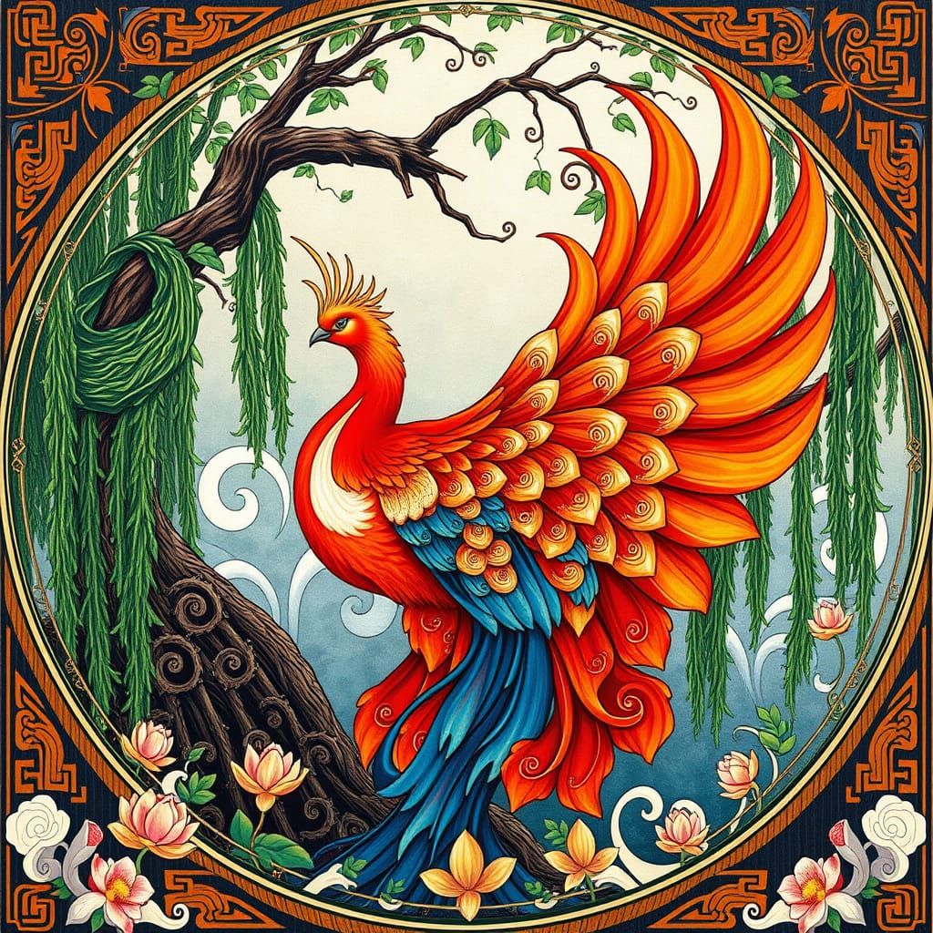 Majestic Phoenix Under Willow Tree in Impasto Style