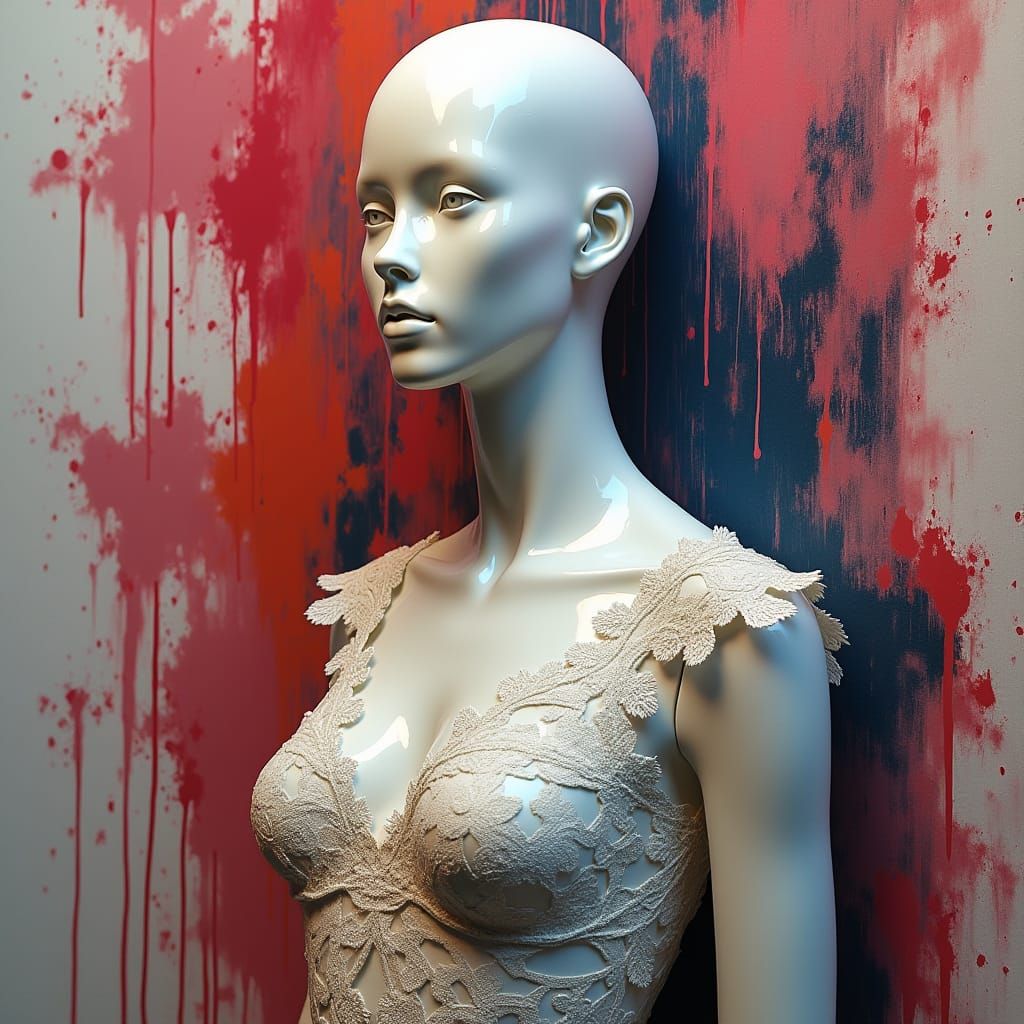 intricate lace patter, mannequin with gorgeous flawless feat...