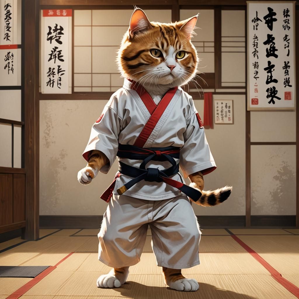 Karate Cat in Dojo: Manga-Style Splash Art