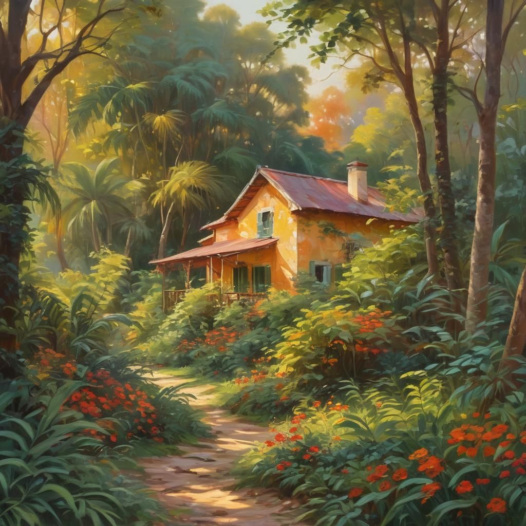 Jungle Cottage in Impressionist Oil Painting Style