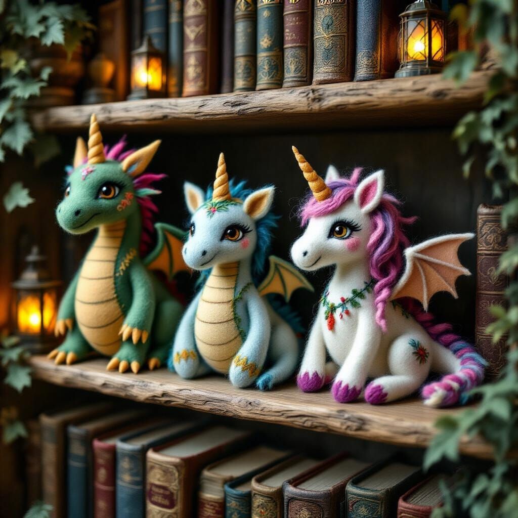 Felted Mythical Creatures in Mystical Library