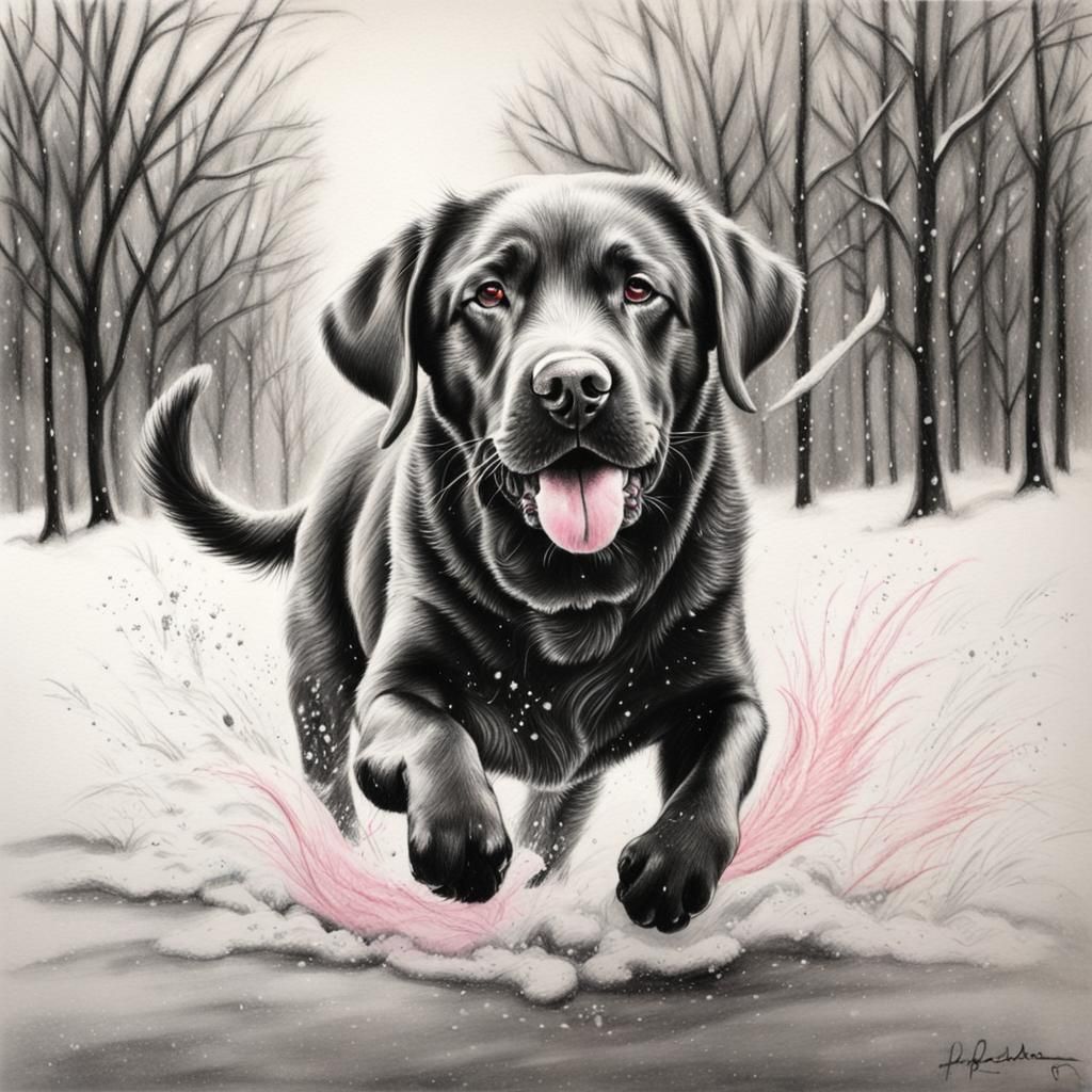 Whimsical Labrador Dog Playing in Snow, Charcoal Drawing
