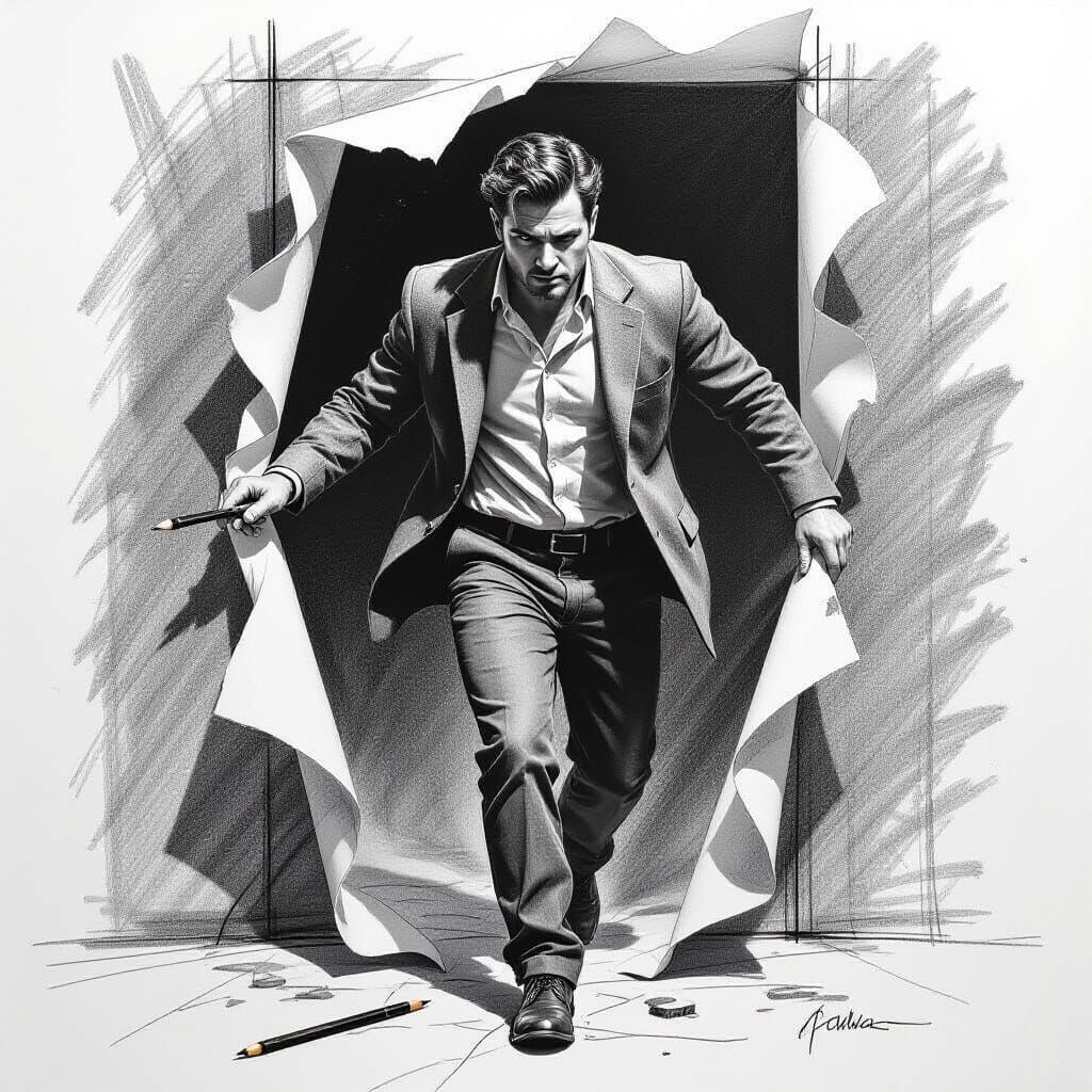Man Emerging From Paper in Pencil Sketch Style