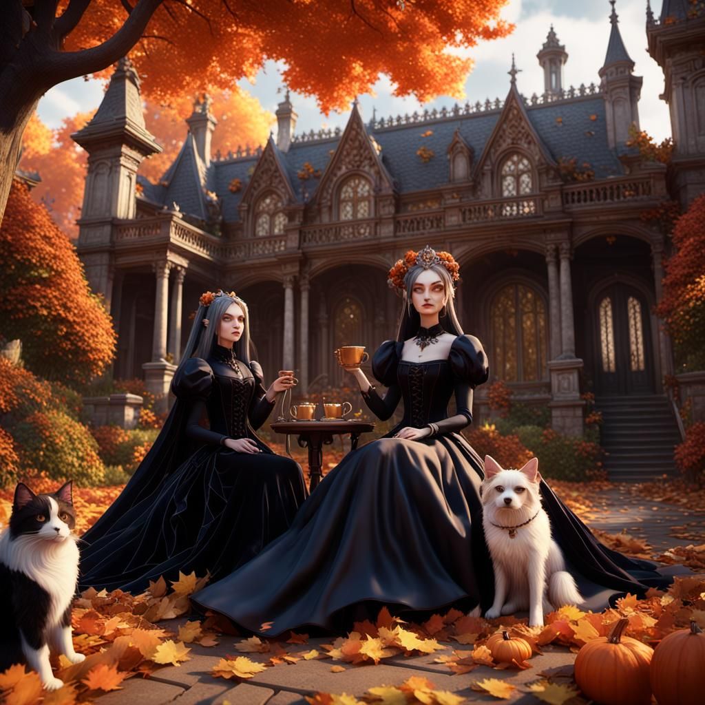 Gothic Goddesses Sip Tea in Autumn Garden
