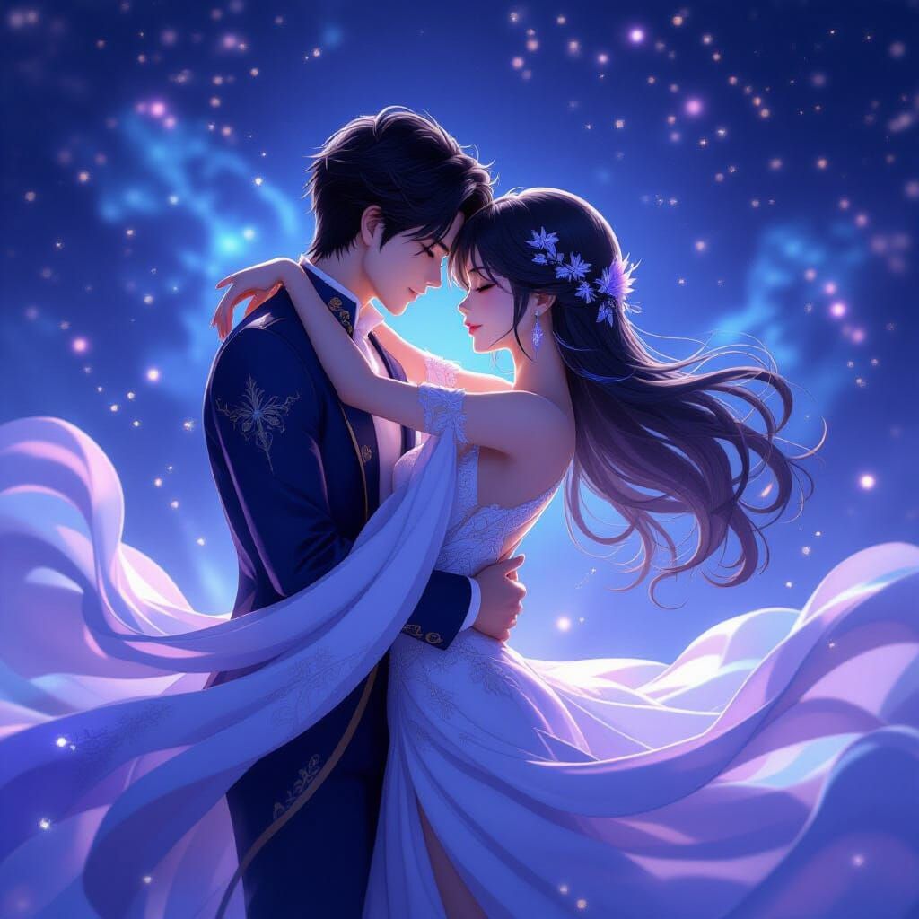 Sensual Couple in Cosmic Ballet, 3D Anime Style