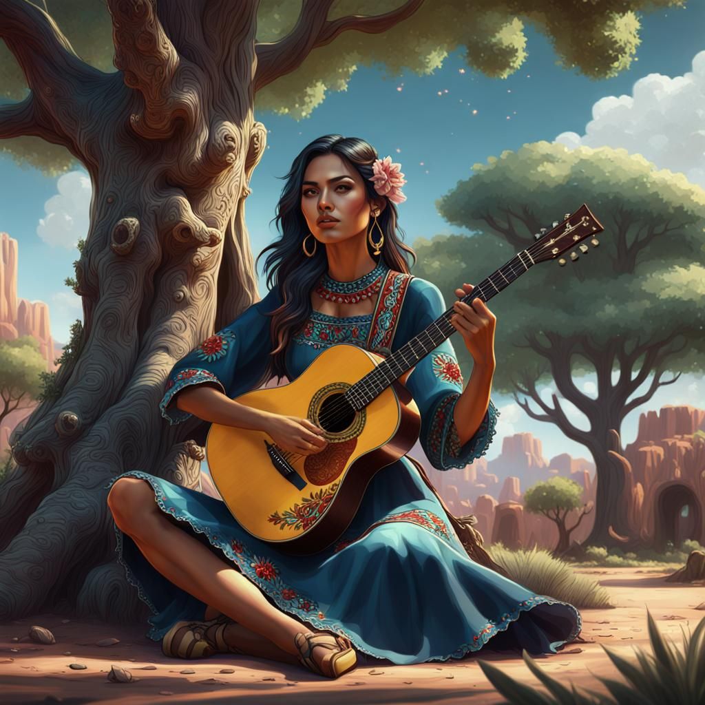 Mexican American Girl with Guitar: Fantasy Art
