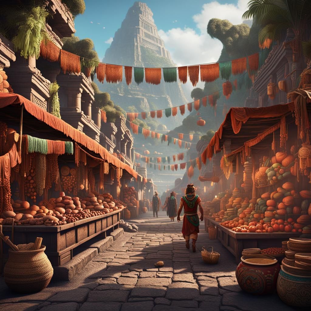 Modern Aztec Market: Detailed Matte Painting