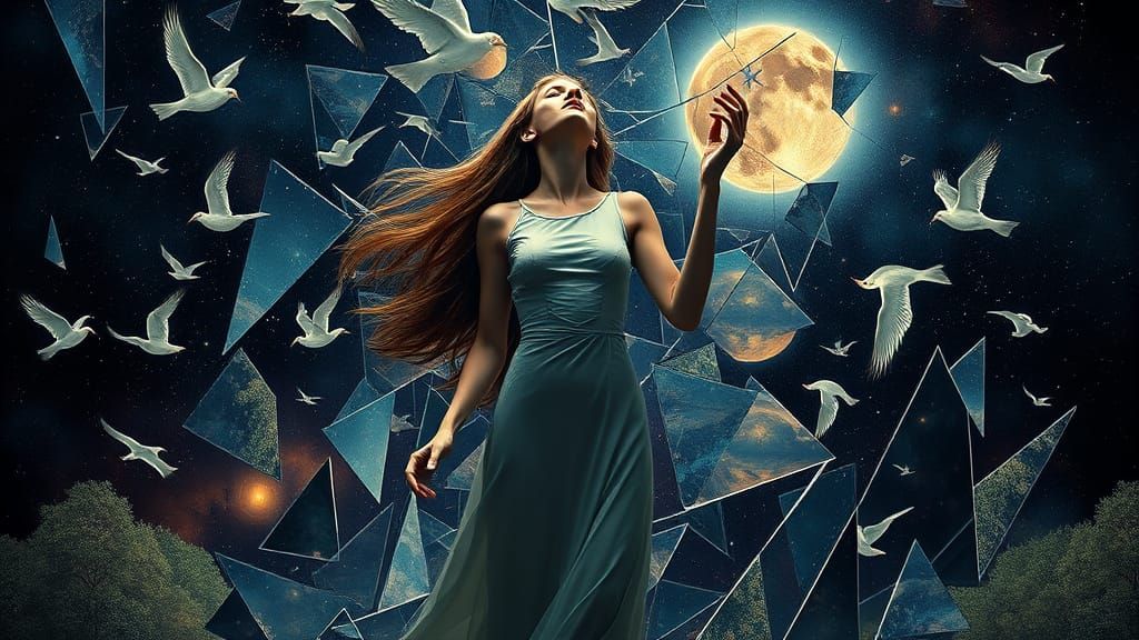 Ethereal Woman Confronts Infinite Possibilities in Cosmic Se...