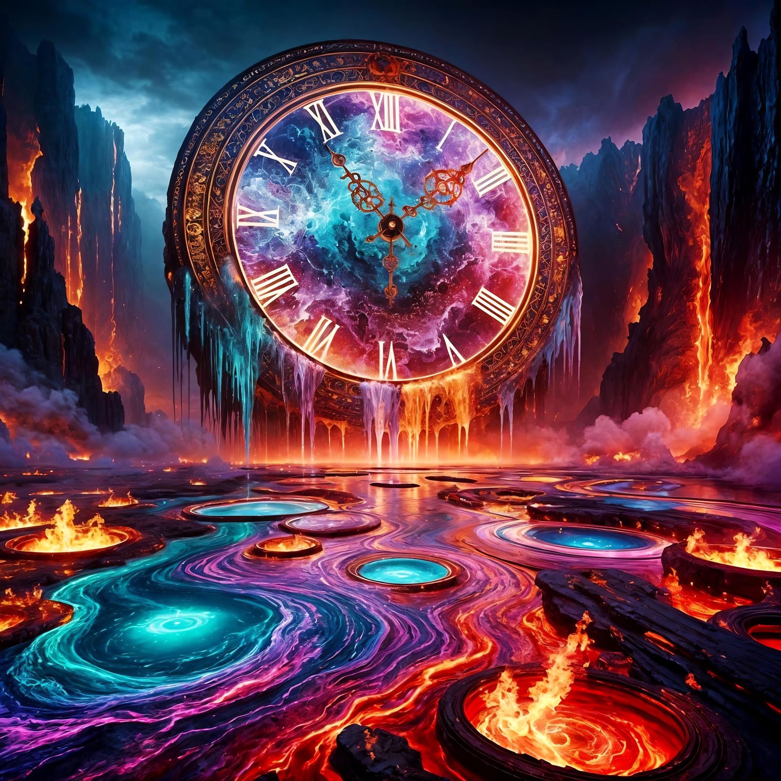 Surreal Melting Clock in a Fiery Landscape