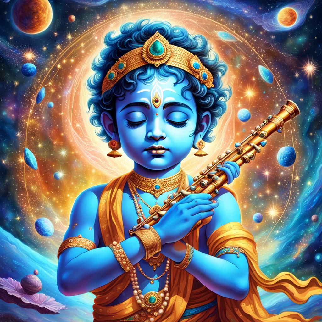Little Krishna Singing Flute in Mixed Media Style