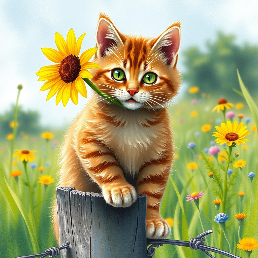 Cat with Sunflower: Impressionistic Meadow Scene