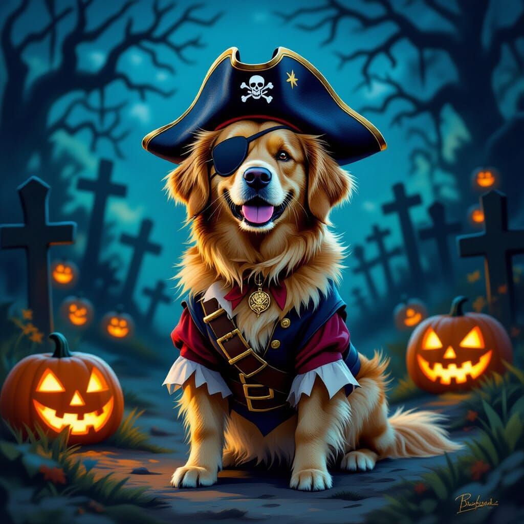 Golden Retriever Pirate Dog in Spooky Graveyard Halloween
