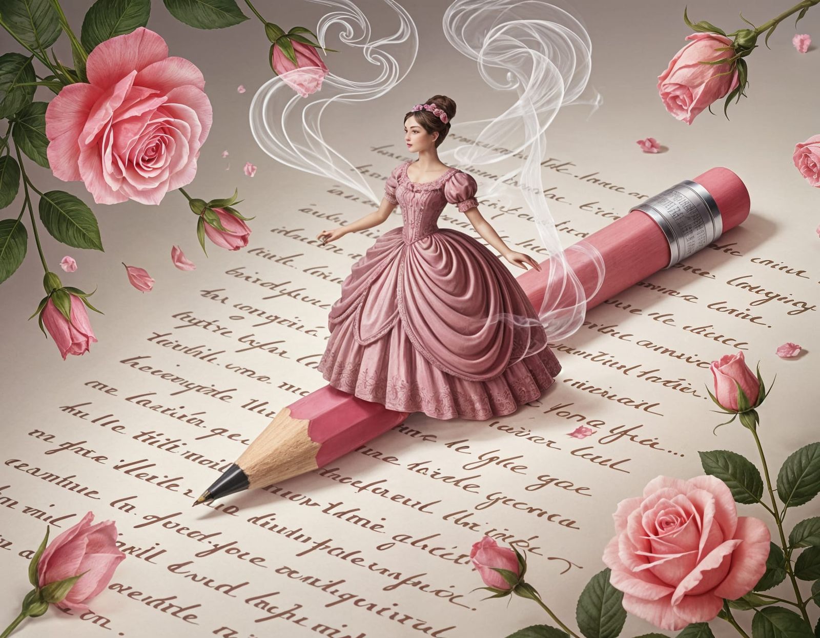 Surreal Pink Pencil & Hovering Woman in Magical Realism Styl...