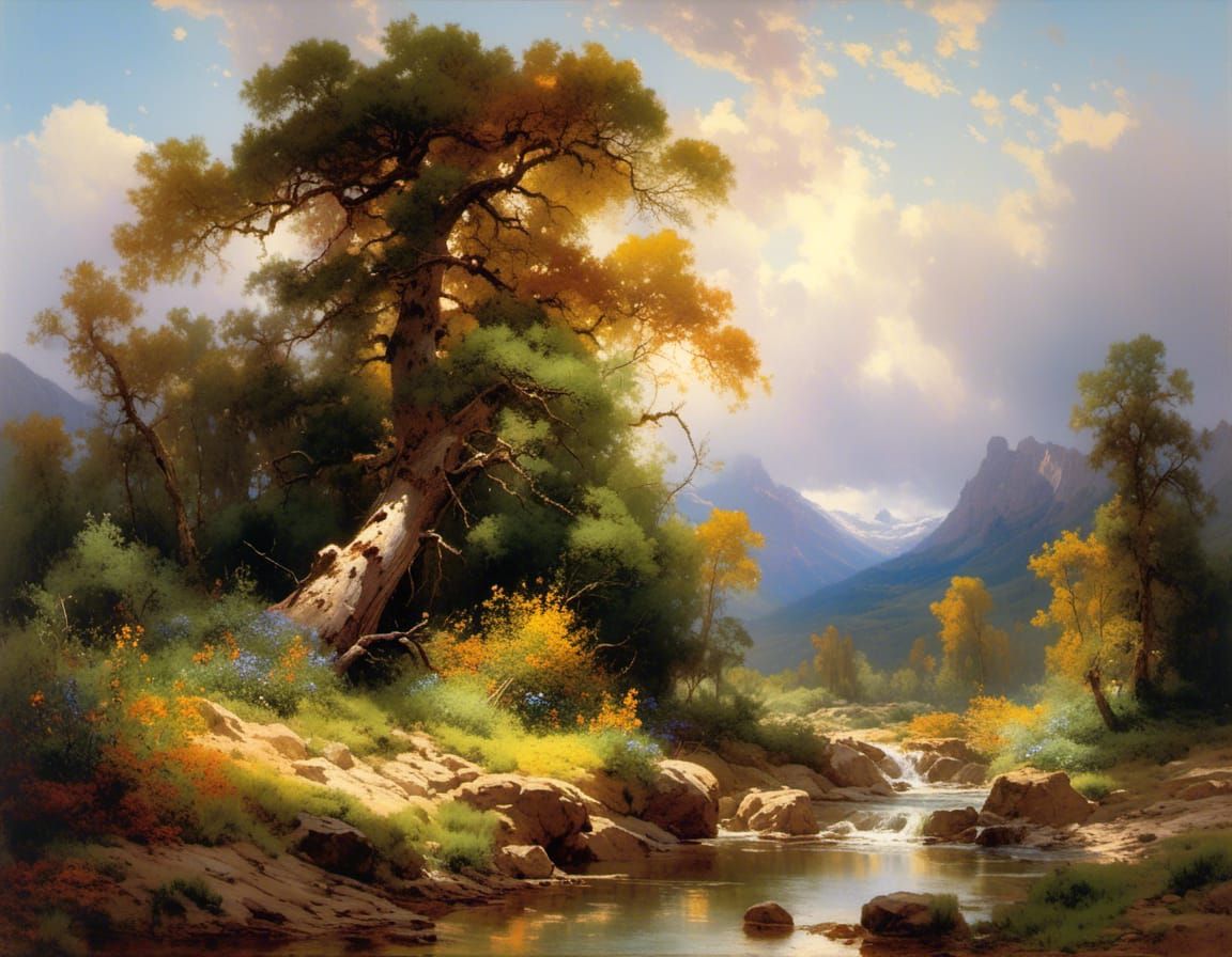 Picturesque Landscape with Pine Tree in Illustration Style