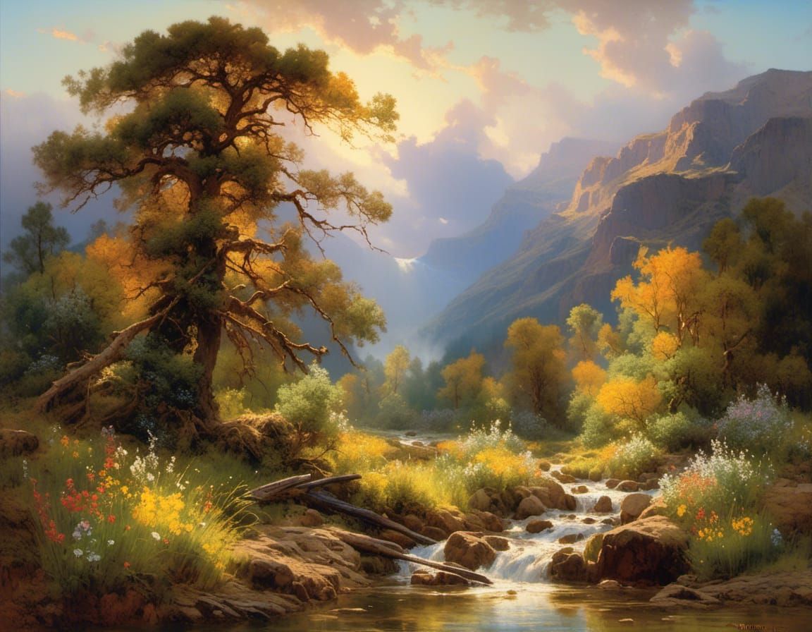 Country Landscape with Pine Tree in Fantasy Style