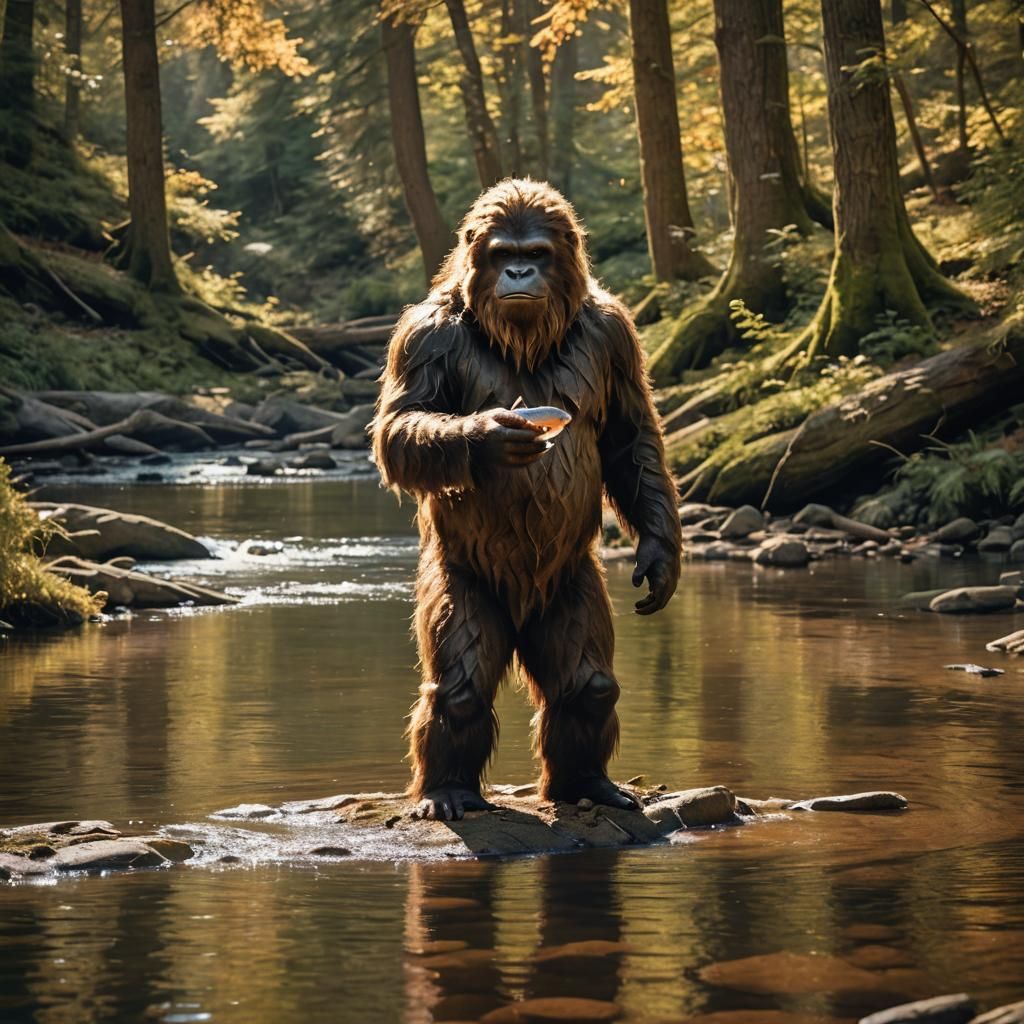 Young Sasquatch Eating Fish in Natural Habitat