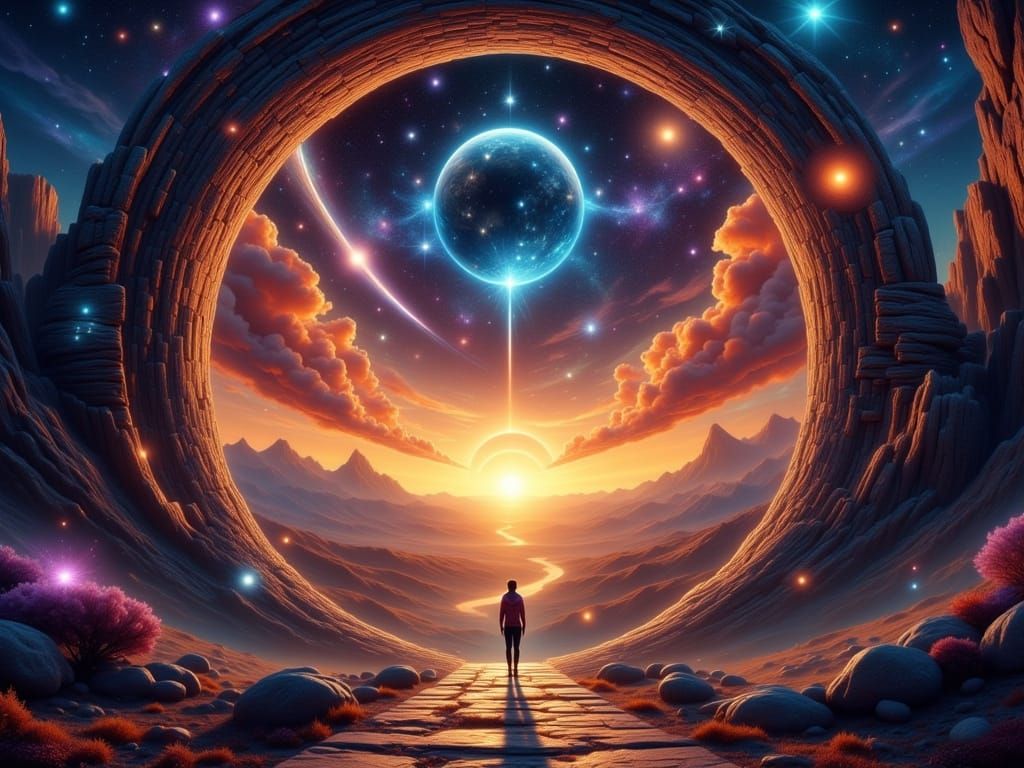 Epic Cosmic Portal Reveal with Ringed Planet and Galaxy