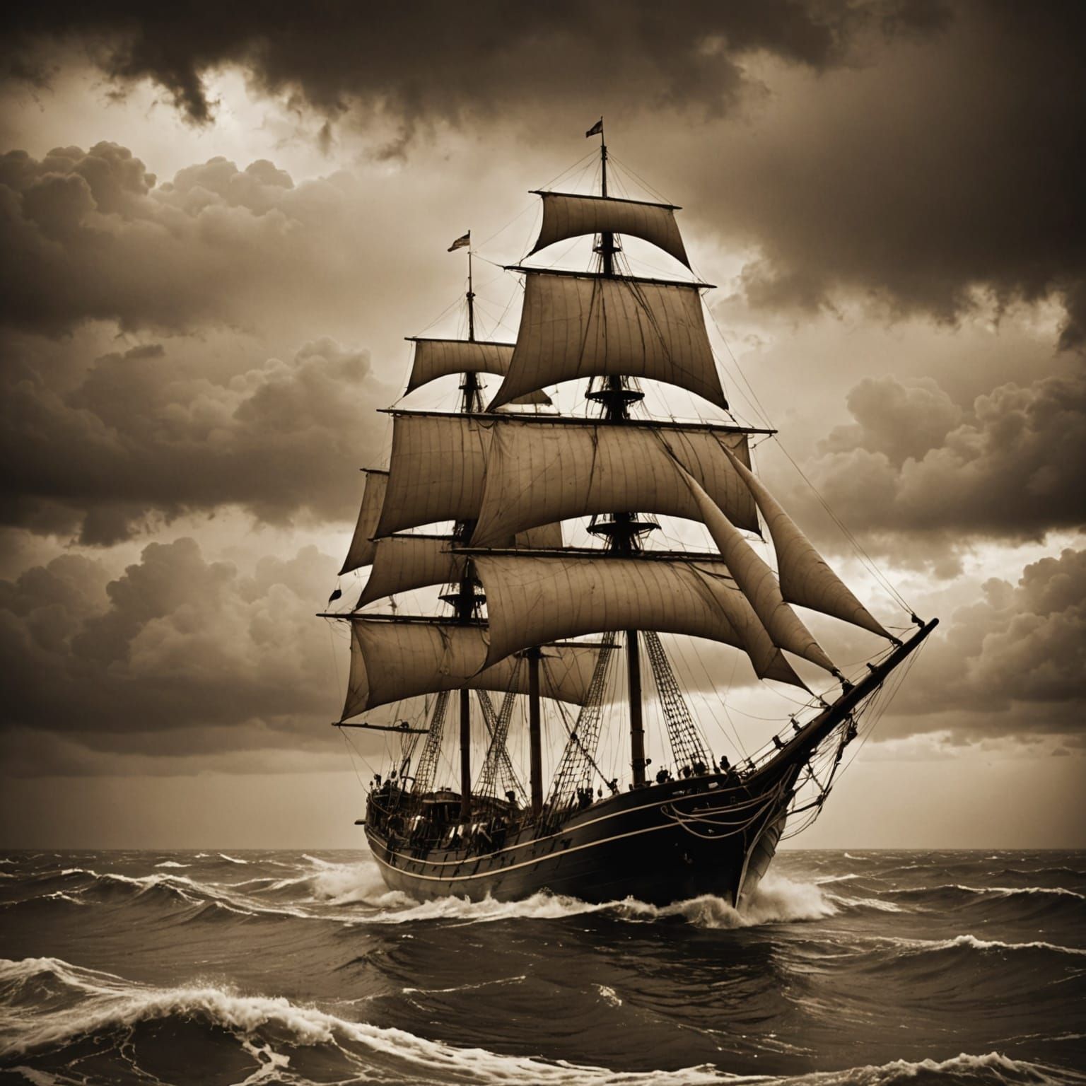 Vintage Sailing Ship in Turbulent Stormy Sea