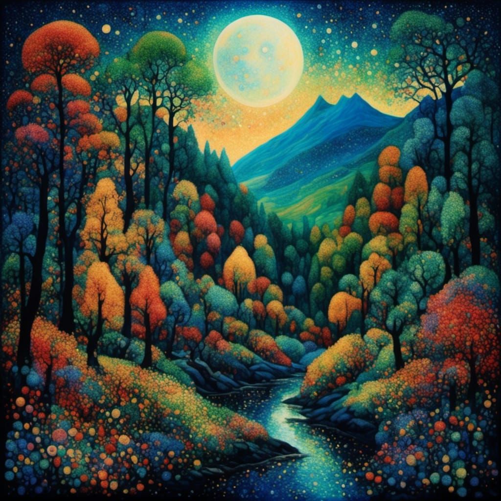 Moonlit Mountain Forest in Dark Pointillism Style