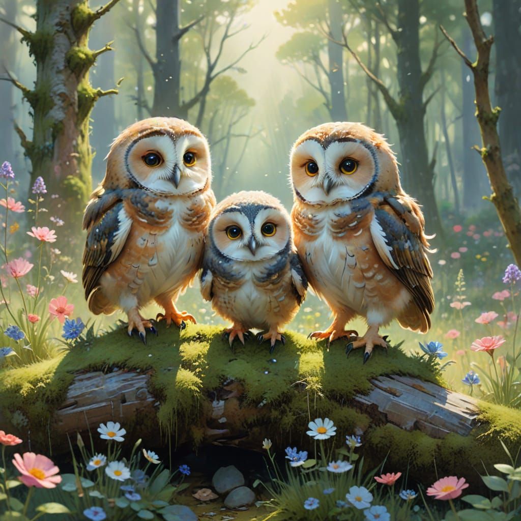 Adorable Owlets in Vibrant Meadow, Watercolour Art