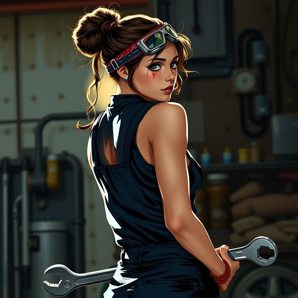 Futuristic Female Mechanic in Dark Blue Overalls