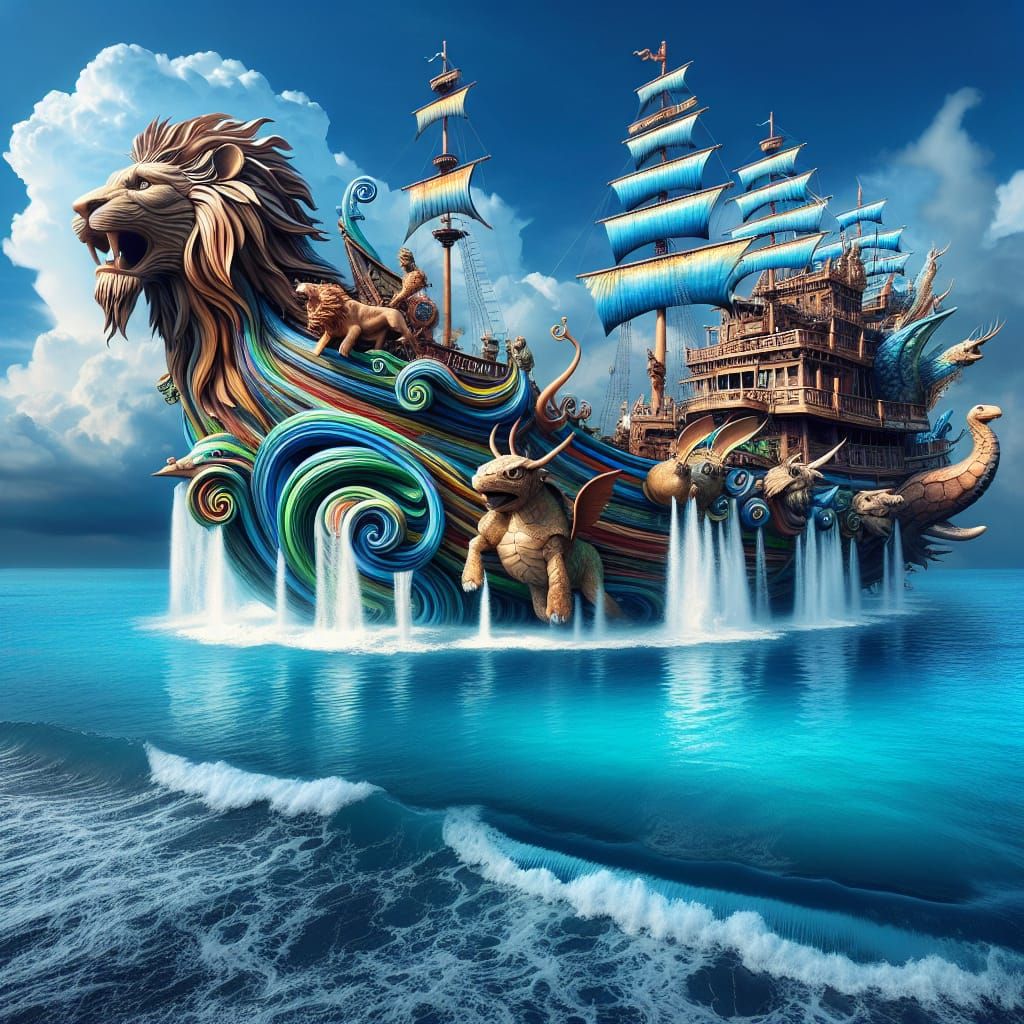 Imagine a surreal seascape where vessels are not mere contra...