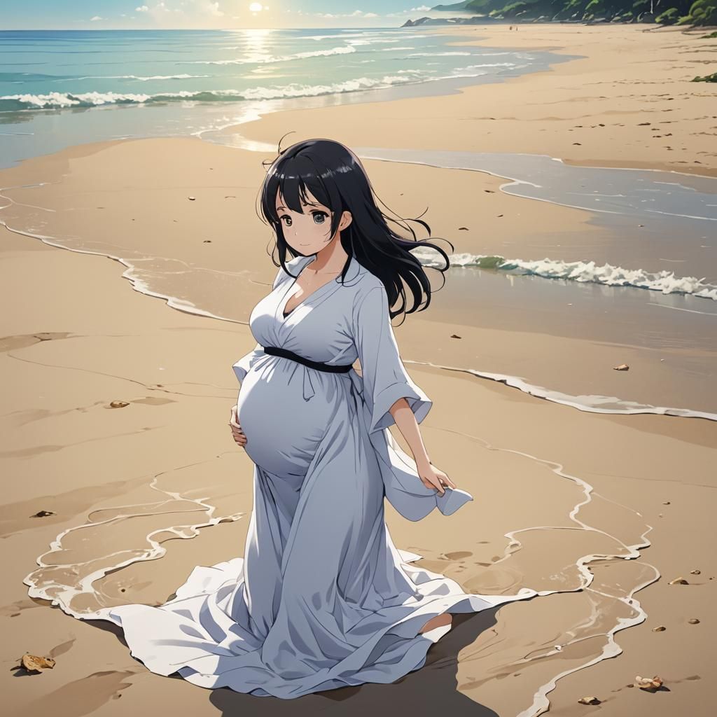 Pregnant Anime Character on Beach: Manga Style