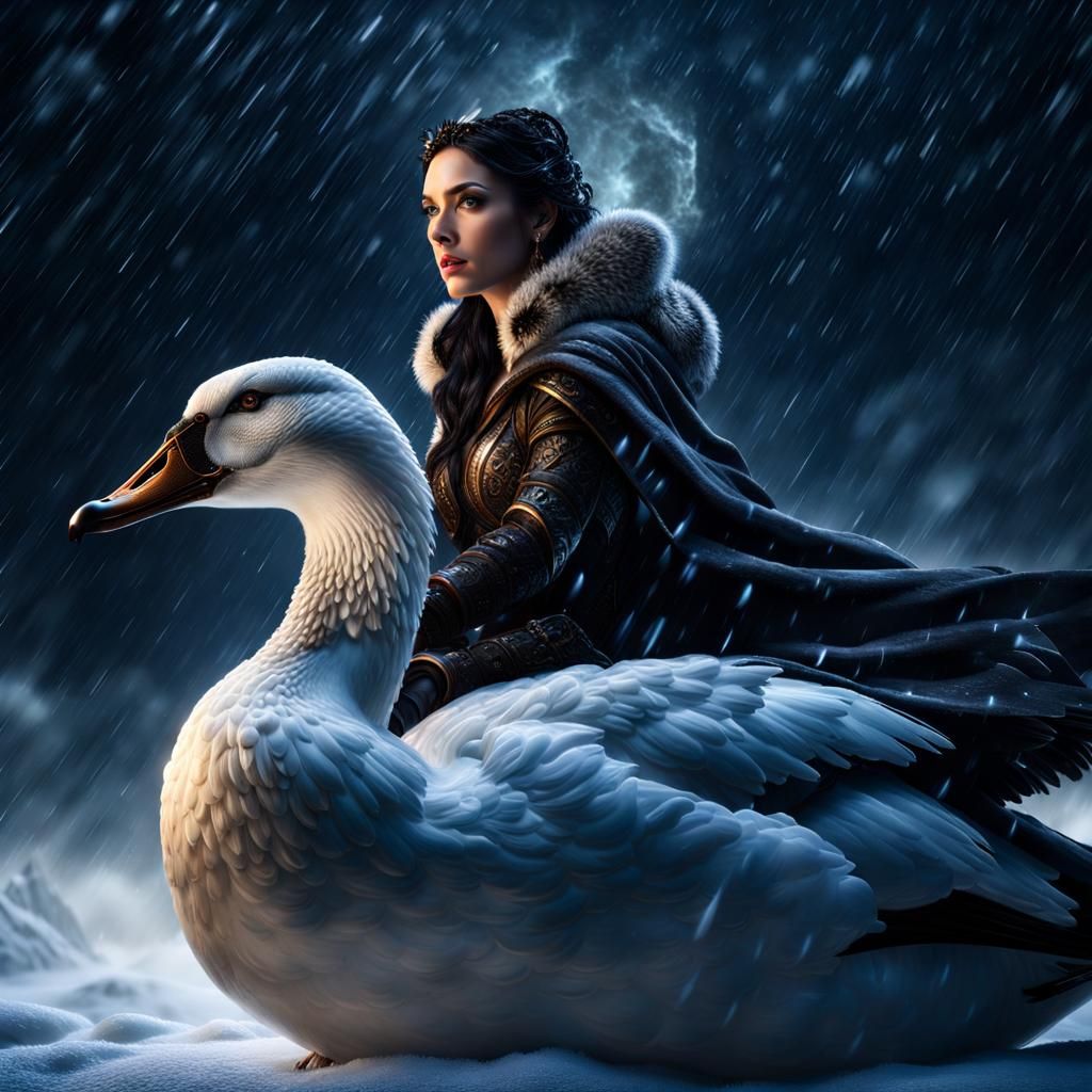 Germanic Goddess on Flying Goose in Snowstorm