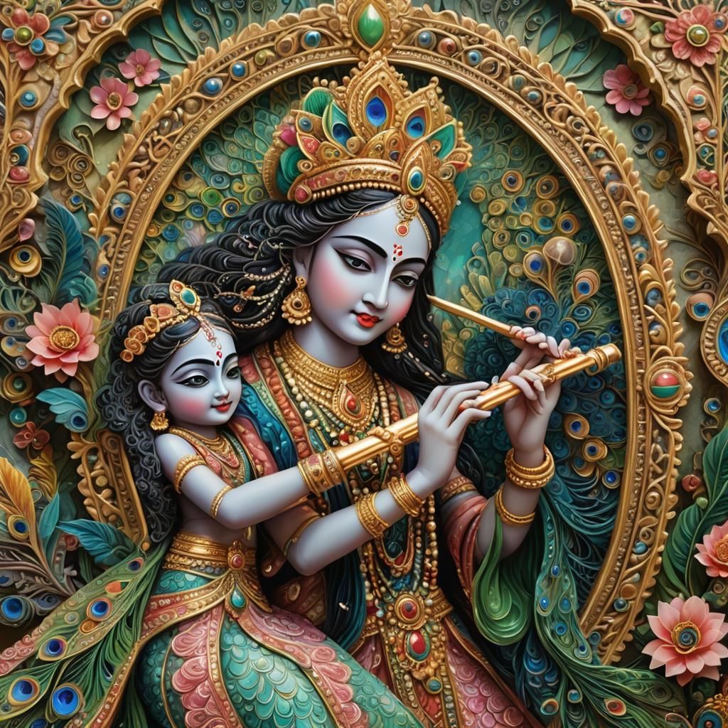 Radha Krishna in Peacock Frame: Sacred Geometric Art