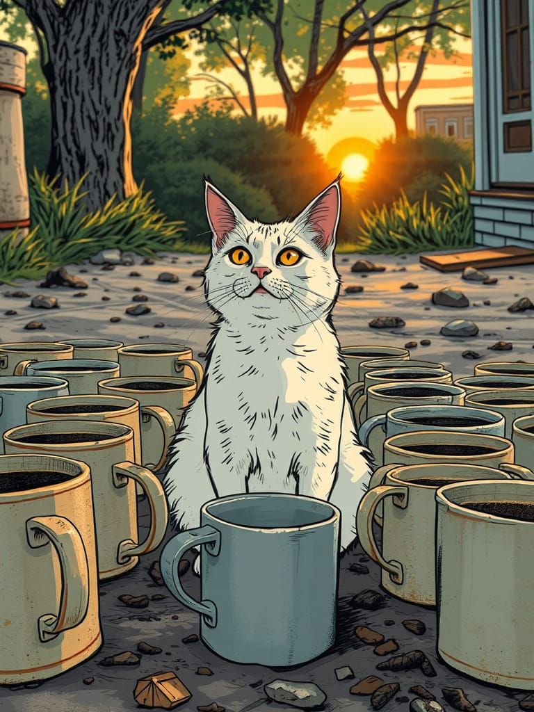 White Cat Surveys Coffee Cups in Evening Light