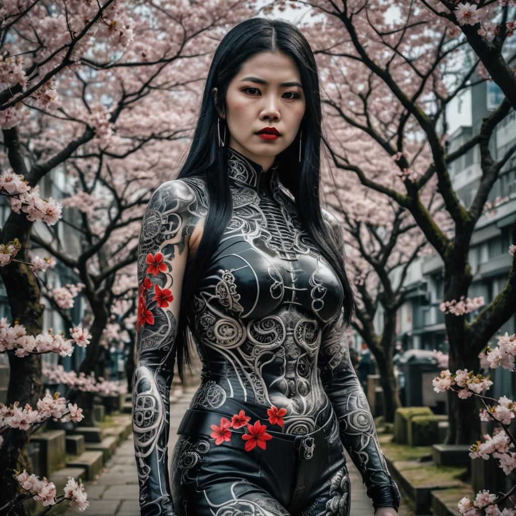 Giger-Inspired Japanese Beauty with Yakuza Tattoo