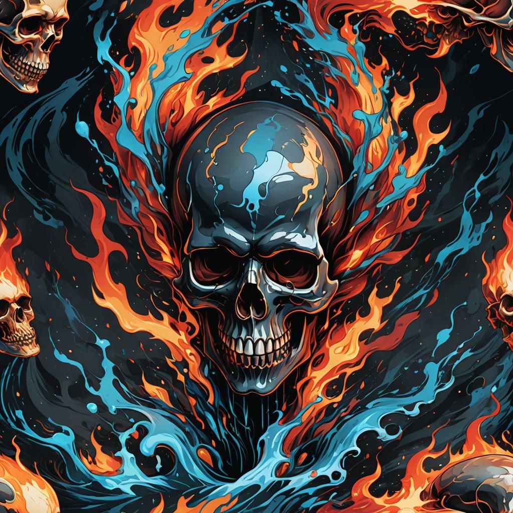 Skull Logo in Flames and Water, Dark Art