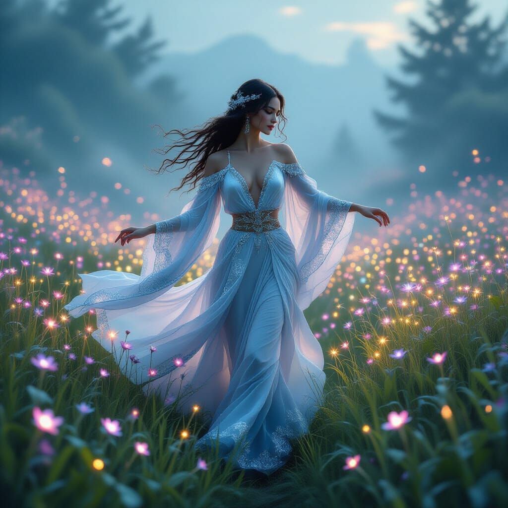 Ethereal Dancer in Bioluminescent Flower Field