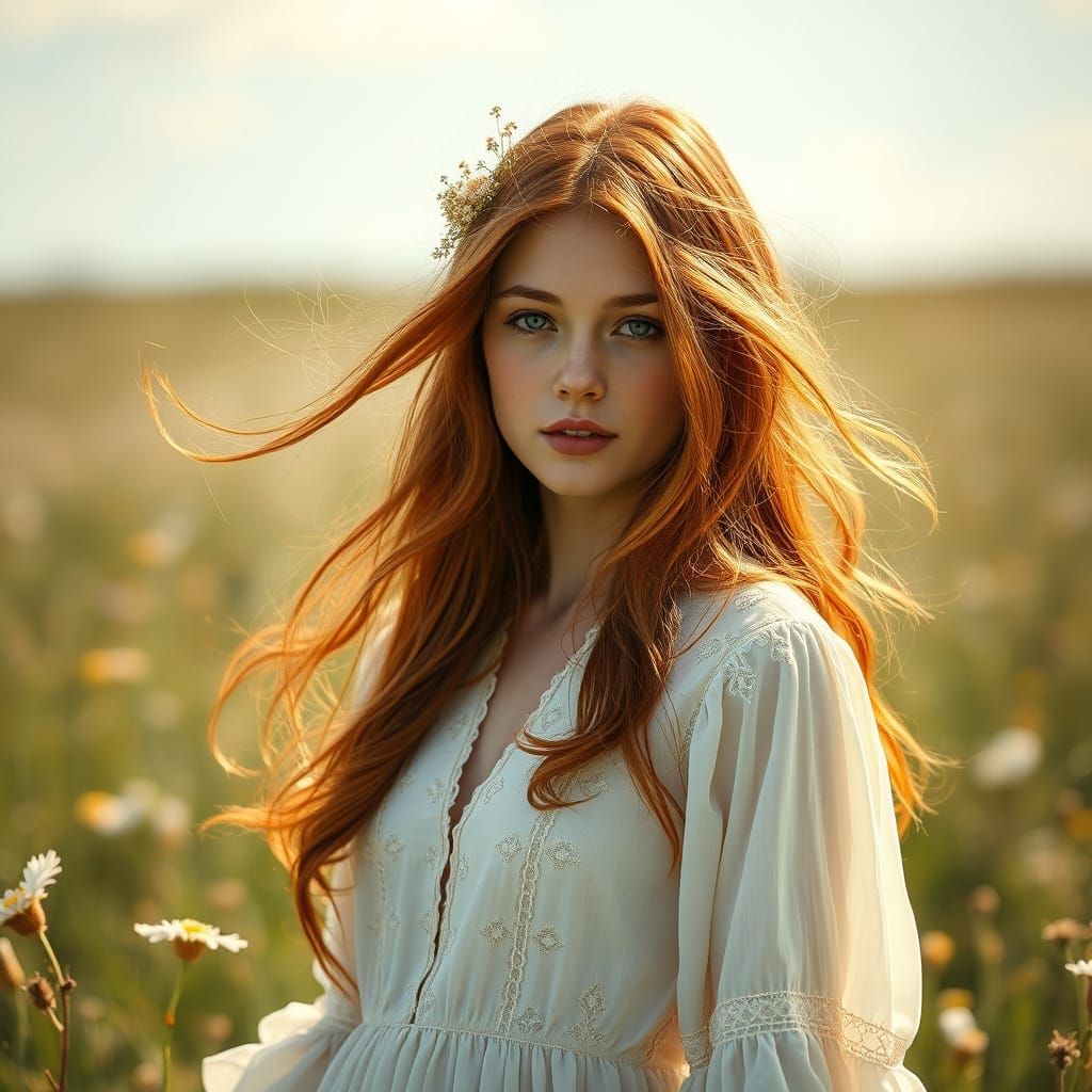 Woman with Wildflowers in Meadow, Pre-Raphaelite Style
