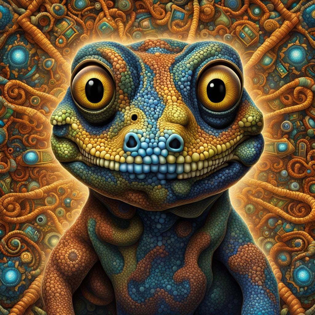 Psychedelic Cubism Gecko Portrait with Fractal Details