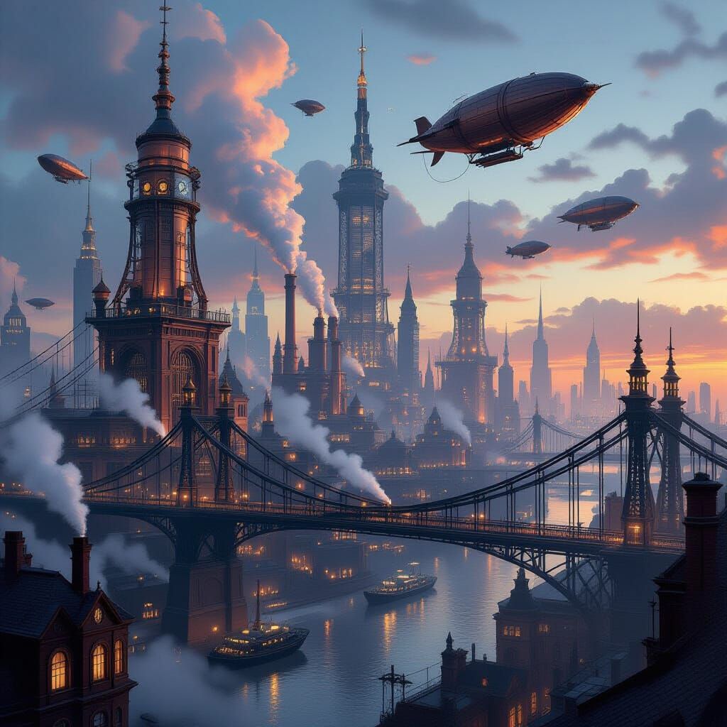 Futuristic Victorian Cityscape at Twilight with Airships