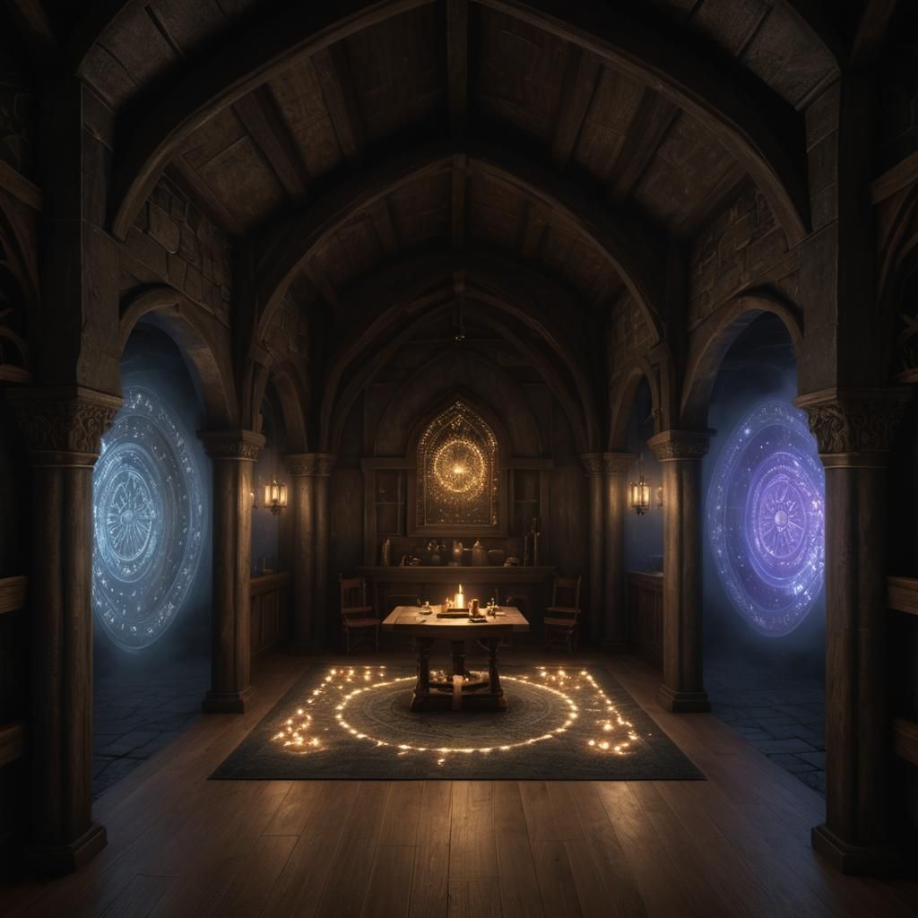 Medieval Dining Hall with Magic Portal, Hyperrealistic