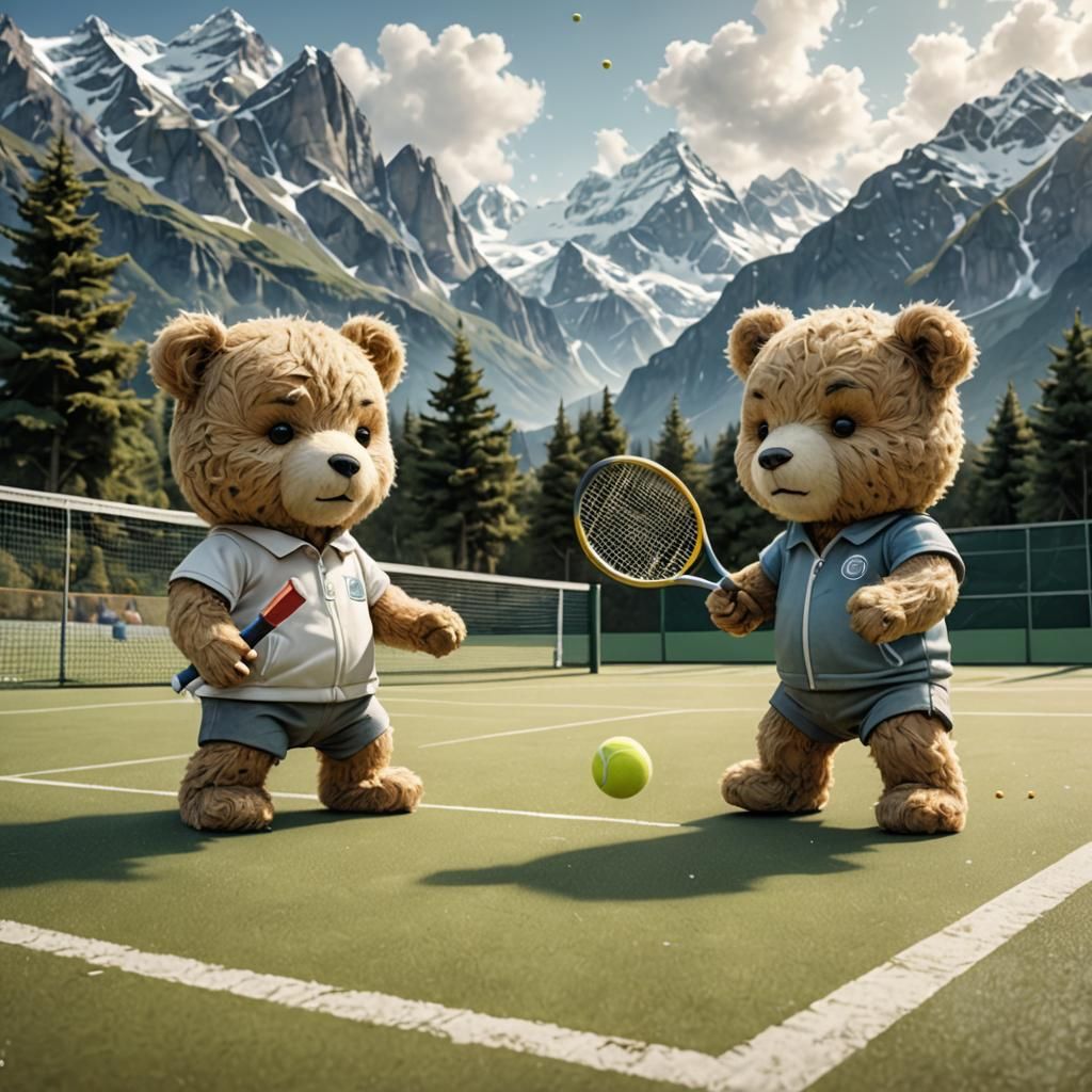 Chibi Teddies Play Tennis Comic Book Style