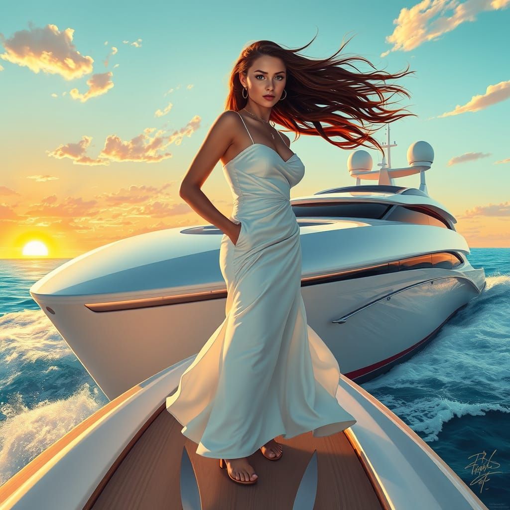 Futuristic Yacht at Sunset in Art Deco Style
