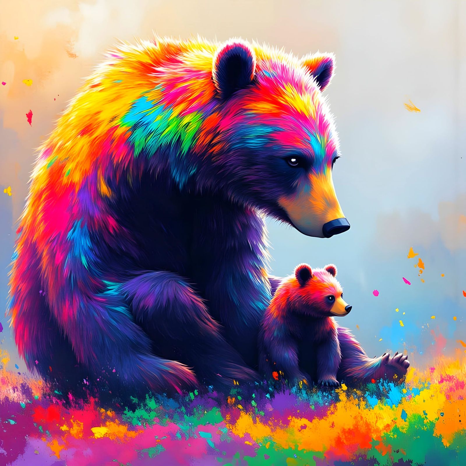 Colorful Bear and Cub in Impressionist Style