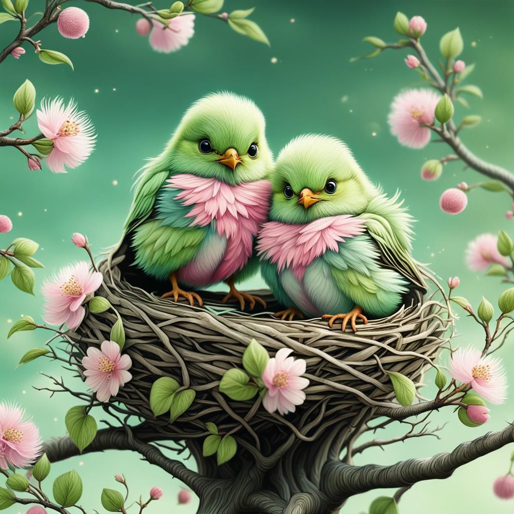 (2 super cute little fluffy birds with tufts (light green an...