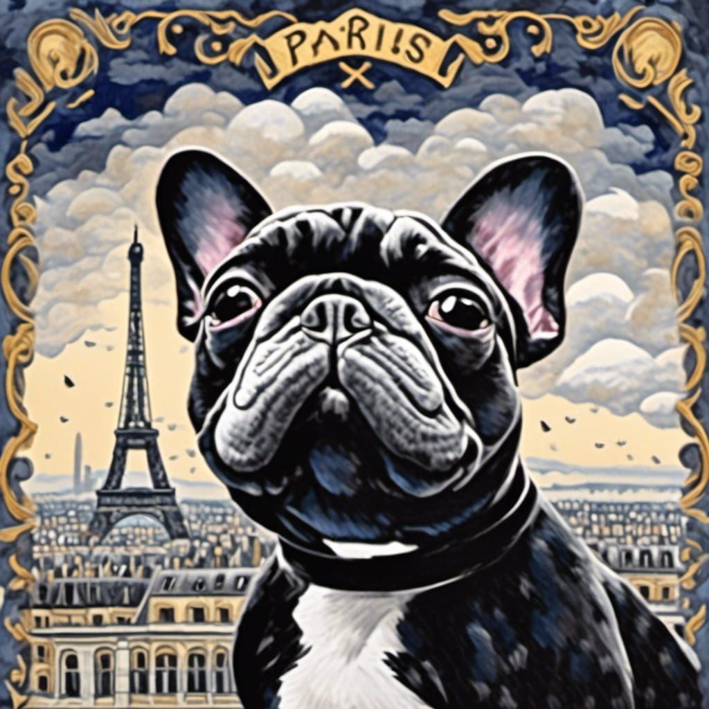 French Bulldog with Paris Collage in Gouache Style