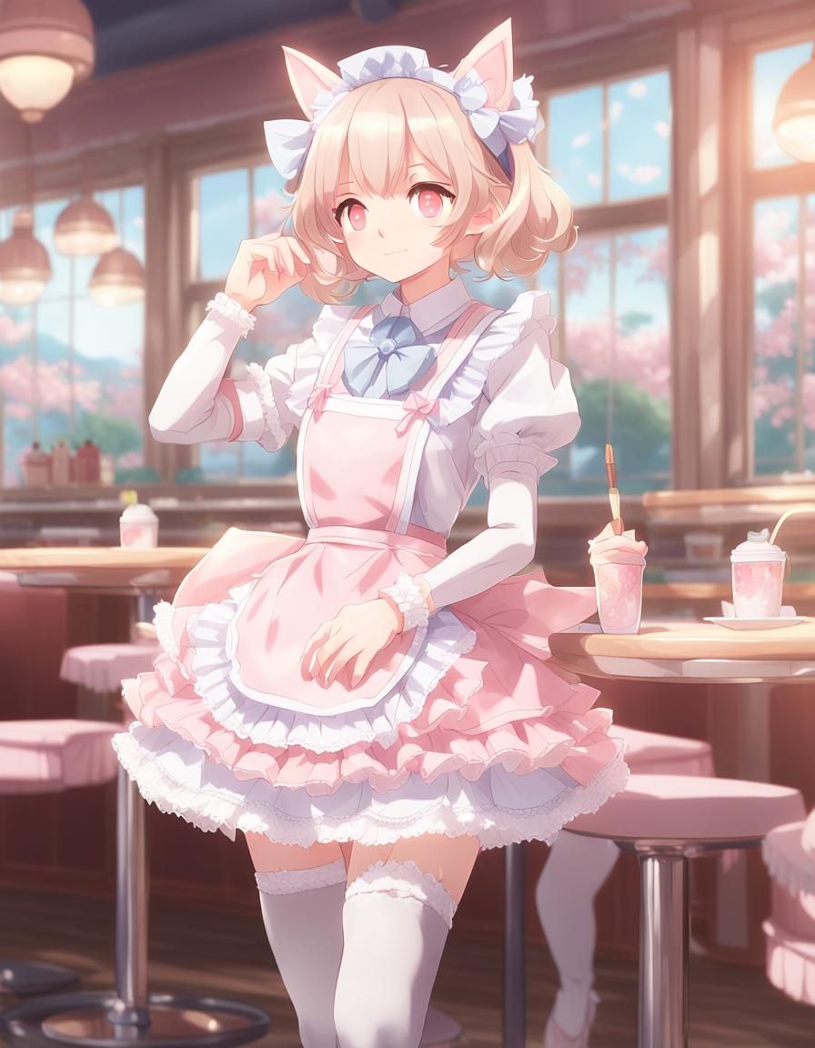 Anime Catgirl Maid in Pastel Cafe, Digital Art