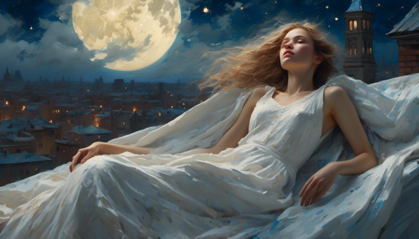 Romantic Realism: Woman Gazing at Stars on Rooftop