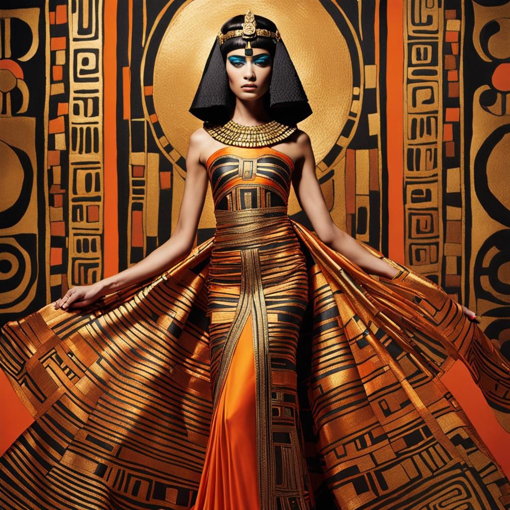 Cleopatra in Flowing Orange Gown, Klimt-Inspired