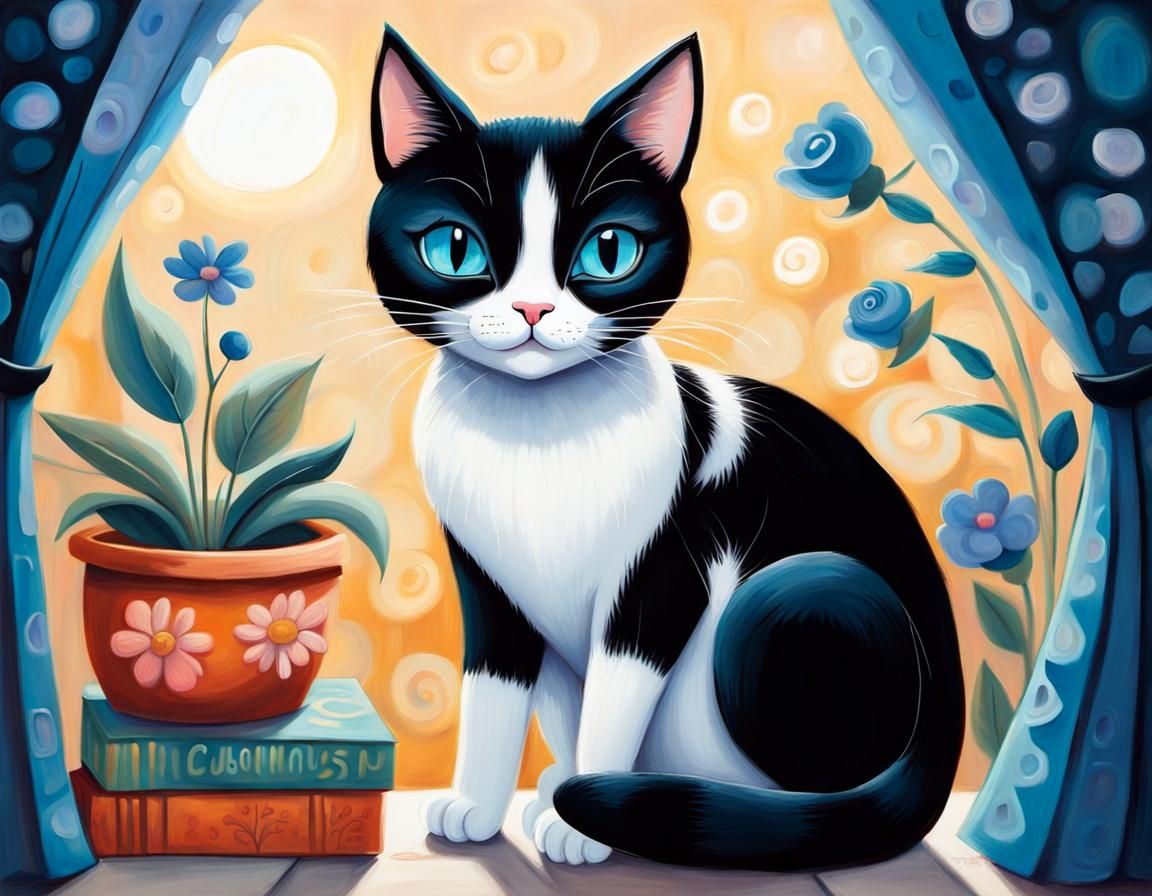 Disney-Style Black and White Cat with Blue Eyes